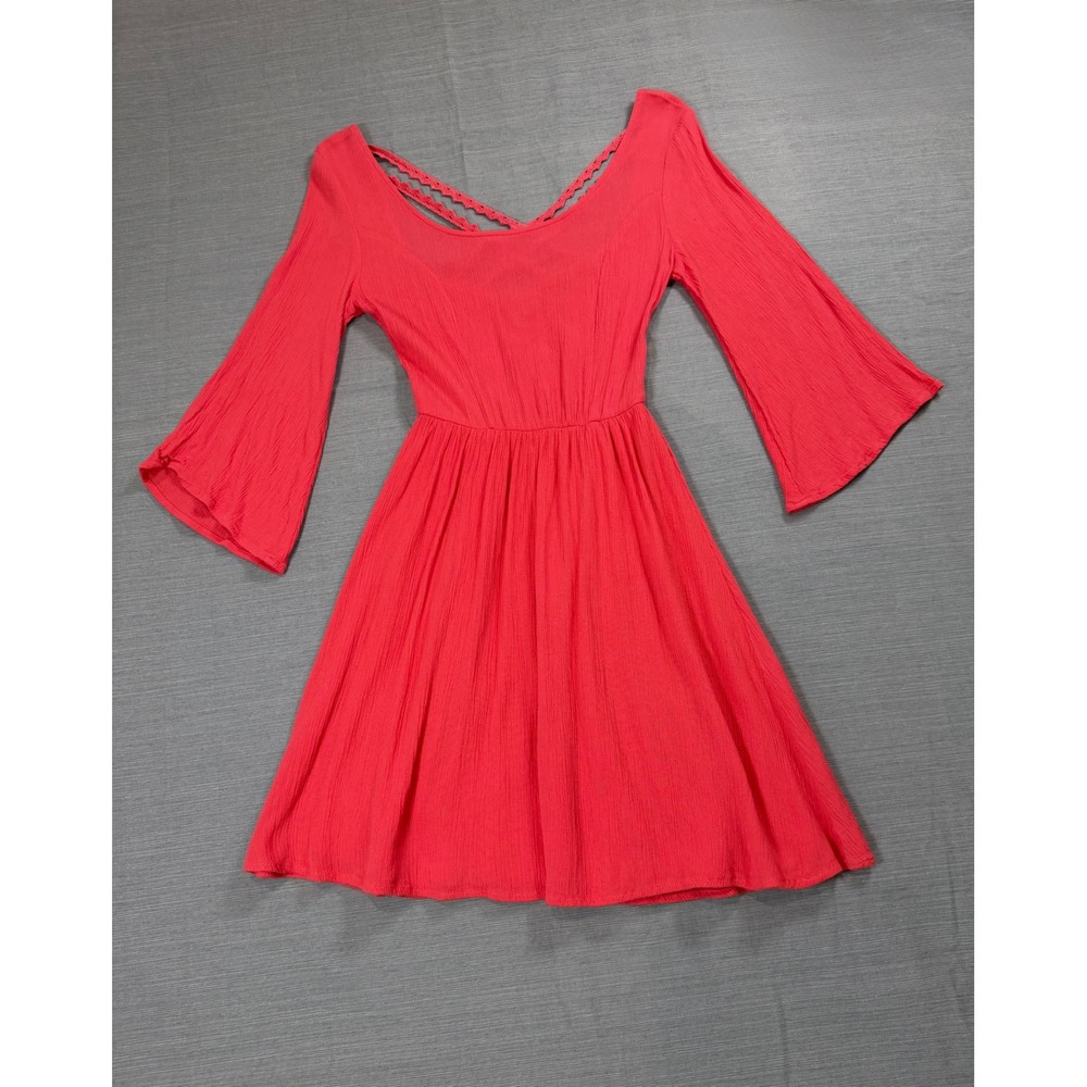 Charlotte Russe Coral Red Bell Sleeve Lace Back Mini Dress XS Boho Festival